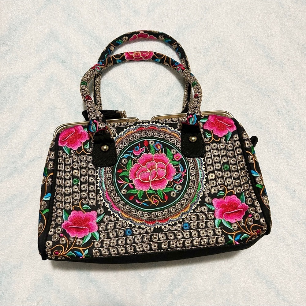 Floral Embroidered Mexican Style Colorful Structured Purse Bag